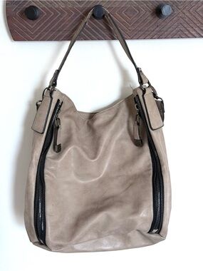 Nicole Miller Taupe Faux Leather Zipper Accent Satchel Shoulder Bag Tote Purse